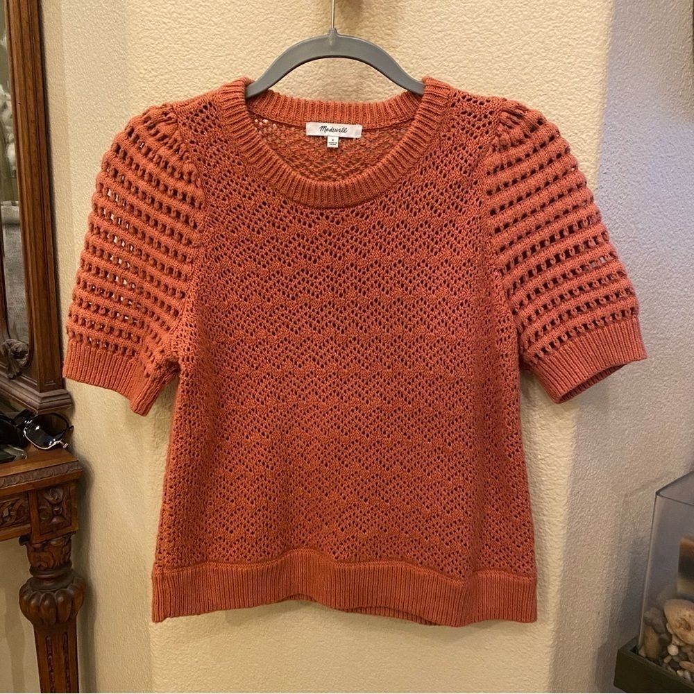 MADEWELL Women Orange Open Knit Short Sleeve Sweater Top Size Small - Picture 1 of 8